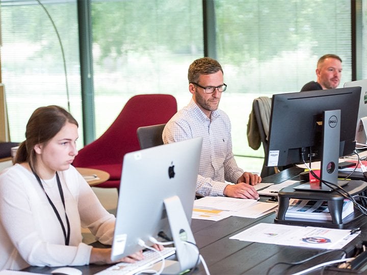 Office workers focused on computer tasks in a modern workspace, illustrating the importance of comfortable air conditioning for productivity and workplace maintenance.