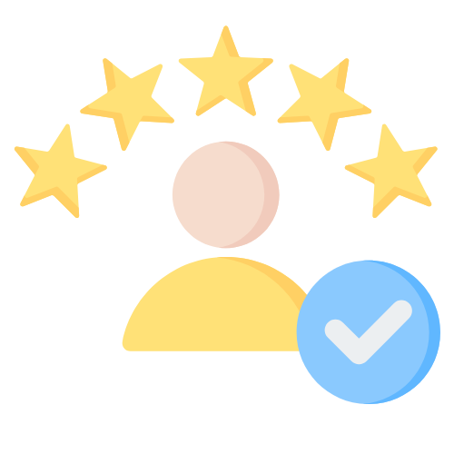 Icon representing customer satisfaction with five stars and a verified badge, symbolizing trust and quality in air conditioning services.